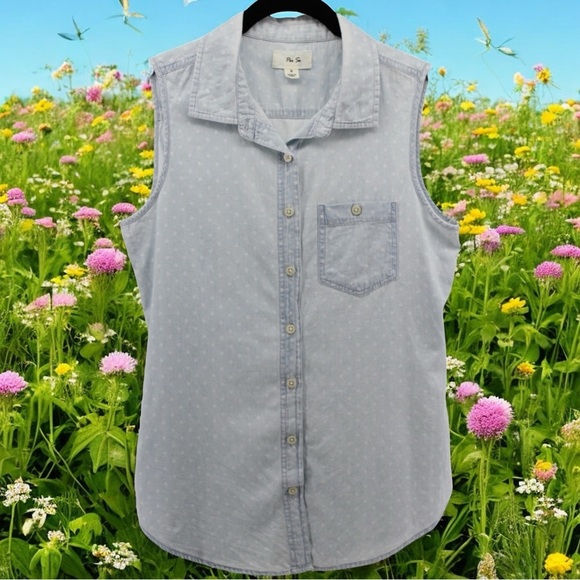 Per Se Baby Blue White Polka Dot Chambray Button up Vest Country Rodeo Size S - Picture 1 of 10